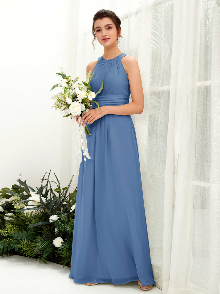 Dusty Blue Bridesmaid Dresses Bridesmaid Dress A-line Chiffon Halter Full Length Sleeveless Wedding Party Dress (81221510)