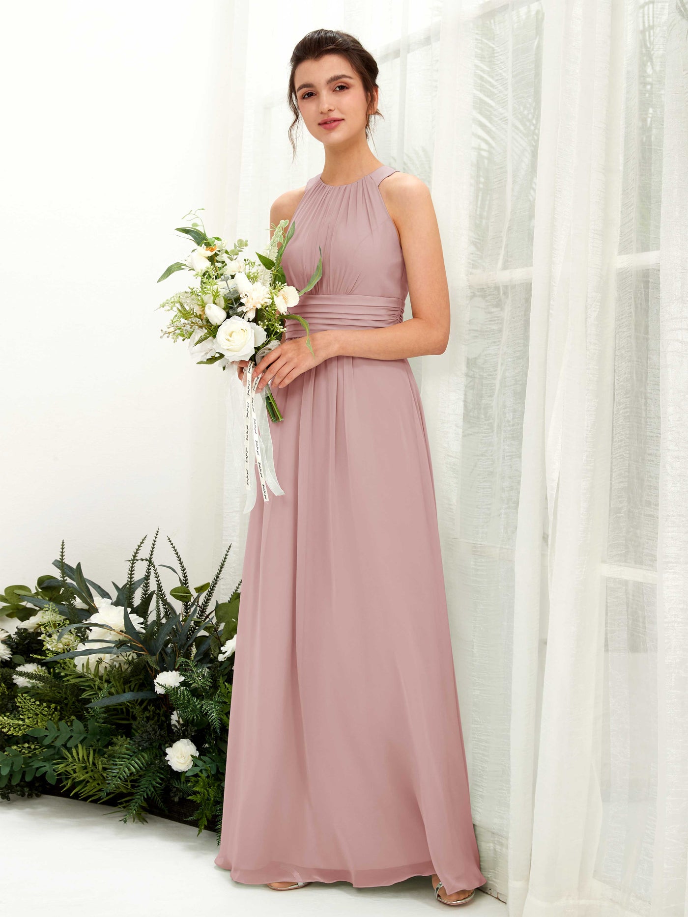 Dusty Rose Bridesmaid Dresses Bridesmaid Dress A-line Chiffon Halter Full Length Sleeveless Wedding Party Dress (81221509)#color_dusty-rose