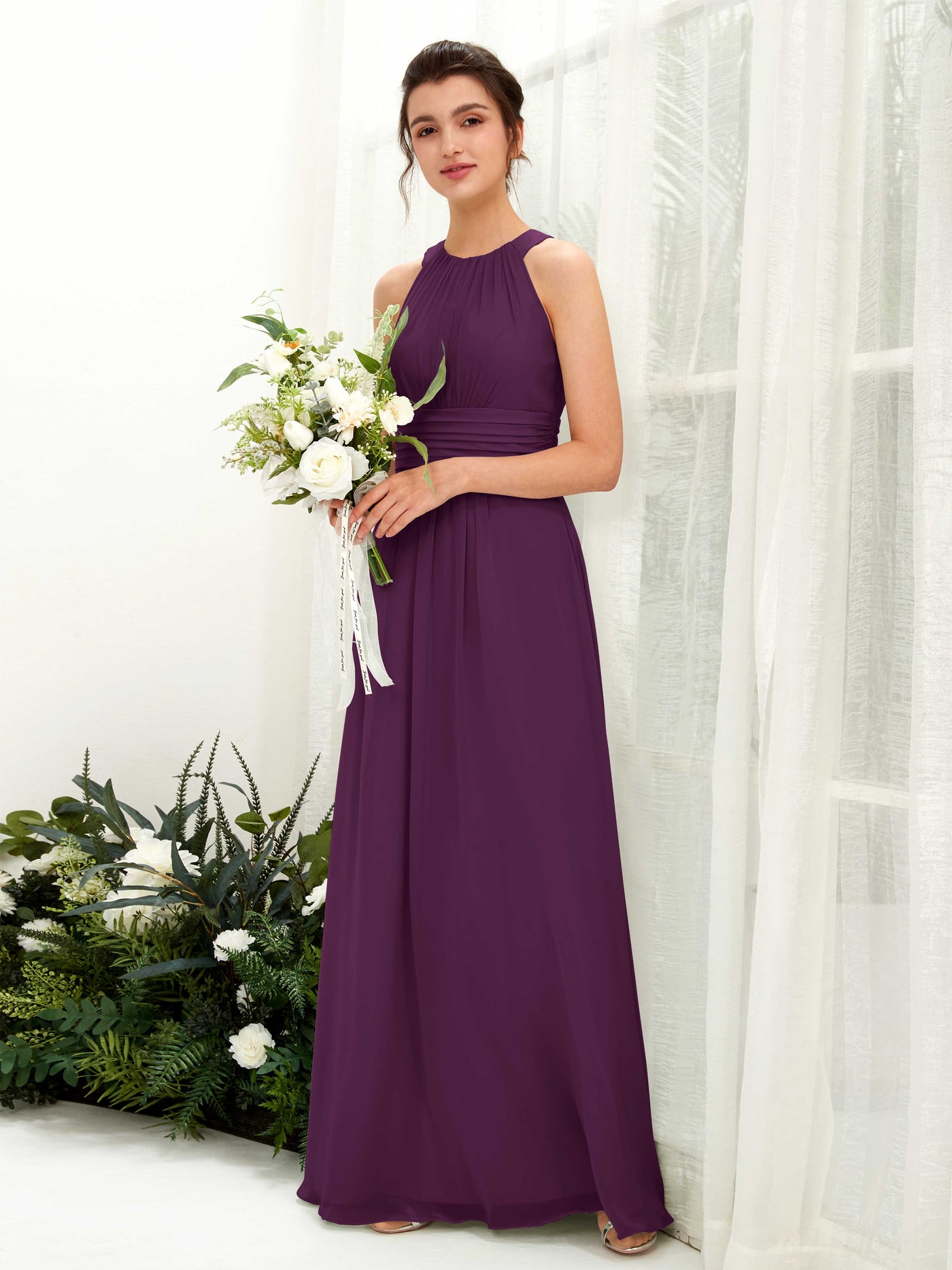 Grape Bridesmaid Dresses Bridesmaid Dress A-line Chiffon Halter Full Length Sleeveless Wedding Party Dress (81221531)#color_grape