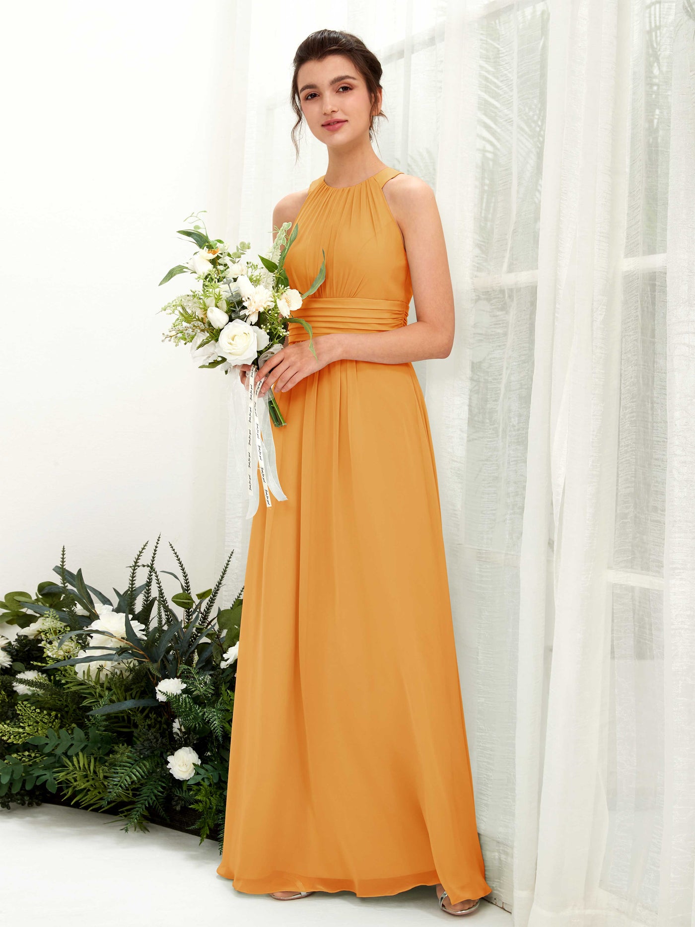 Mango Bridesmaid Dresses Bridesmaid Dress A-line Chiffon Halter Full Length Sleeveless Wedding Party Dress (81221502)#color_mango