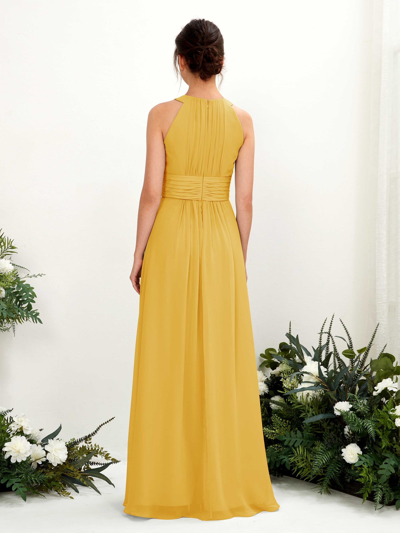 Mustard Yellow Bridesmaid Dresses Bridesmaid Dress A-line Chiffon Halter Full Length Sleeveless Wedding Party Dress (81221533)#color_mustard-yellow