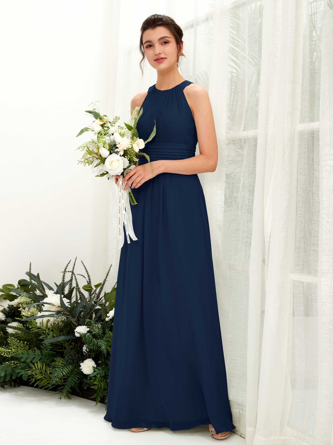 Navy Bridesmaid Dresses Bridesmaid Dress A-line Chiffon Halter Full Length Sleeveless Wedding Party Dress (81221513)#color_navy