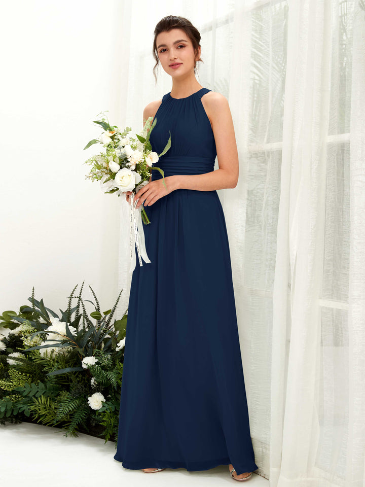 Navy Bridesmaid Dresses Bridesmaid Dress A-line Chiffon Halter Full Length Sleeveless Wedding Party Dress (81221513)