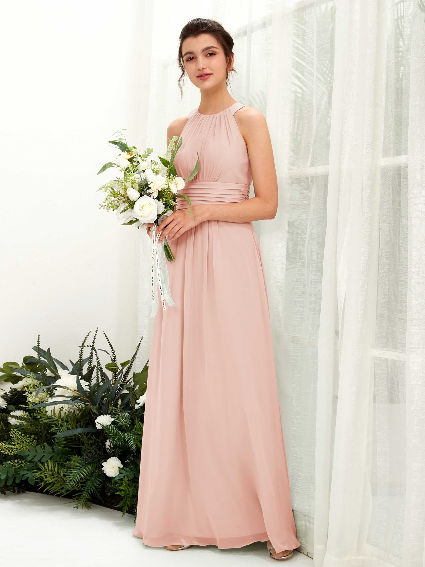 Pearl Pink Bridesmaid Dresses Bridesmaid Dress A-line Chiffon Halter Full Length Sleeveless Wedding Party Dress (81221508)#color_pearl-pink