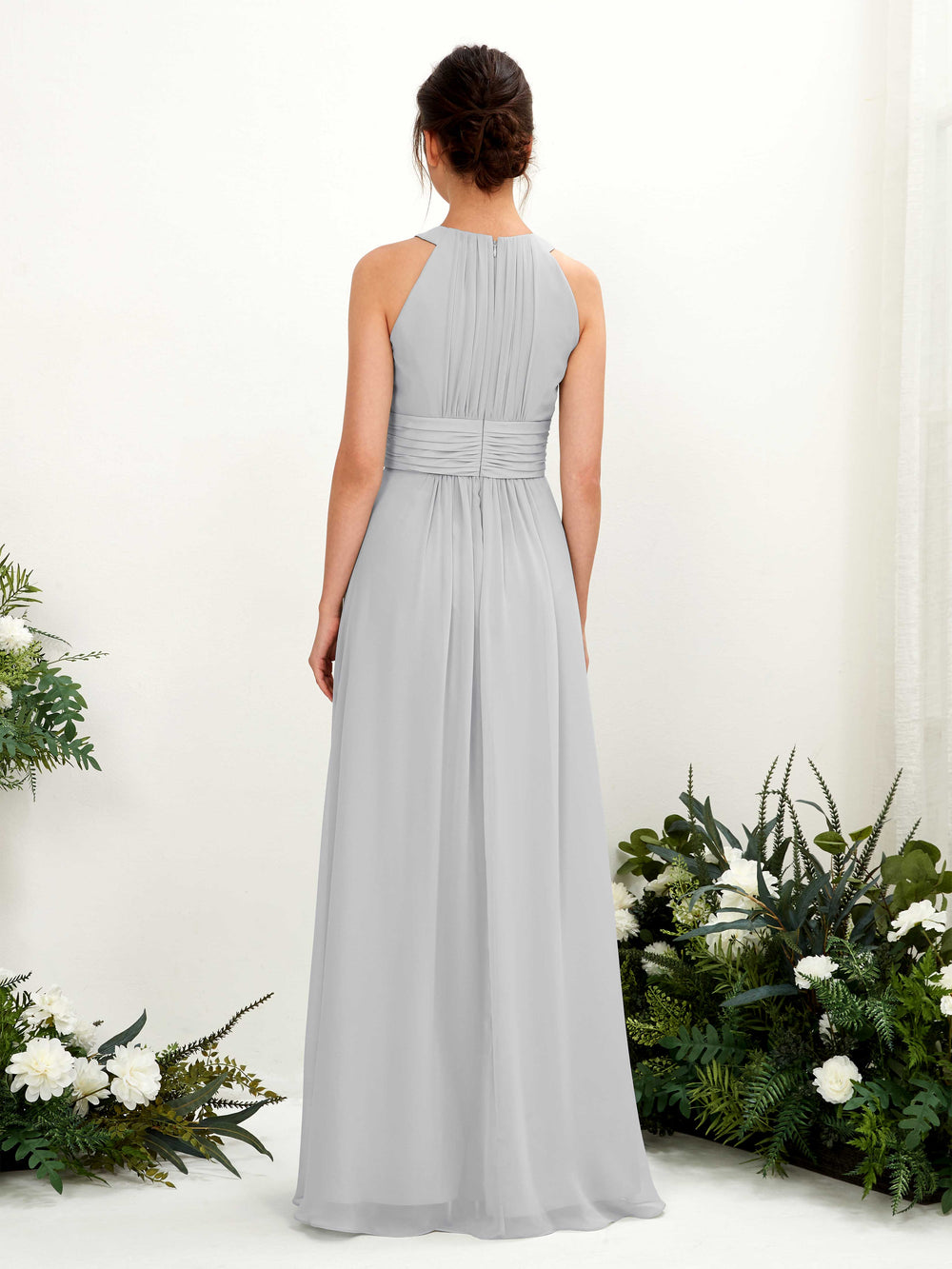 modest silver bridesmaid dresses Modest Jewel Silver Long Bridesmaid Dress with Belt – FancyVestido main image 0