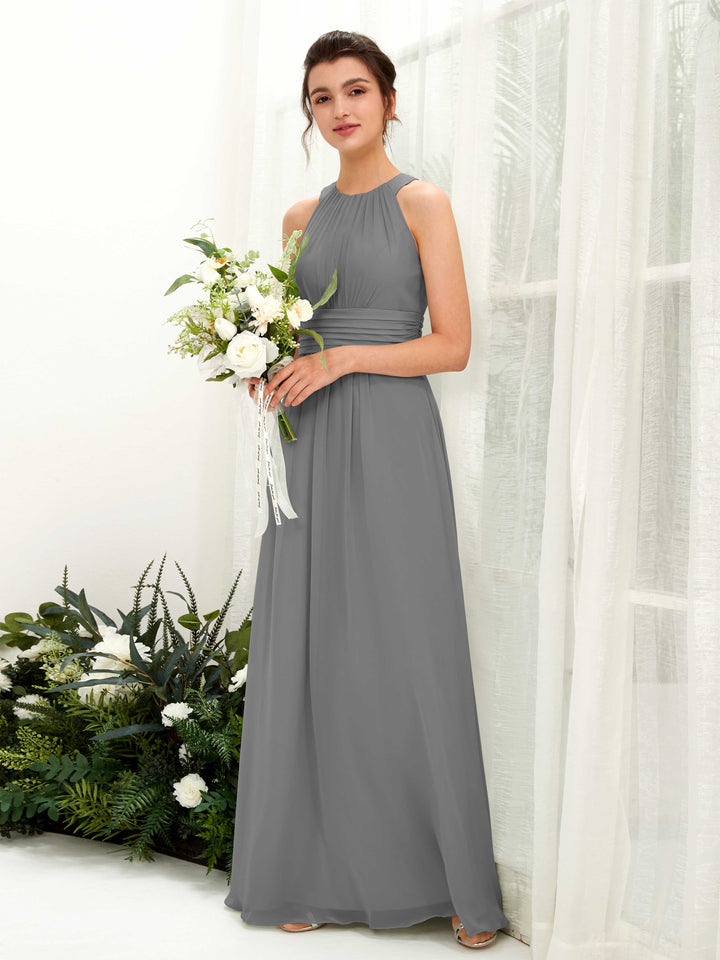 Steel Gray Bridesmaid Dresses Bridesmaid Dress A-line Chiffon Halter Full Length Sleeveless Wedding Party Dress (81221520)