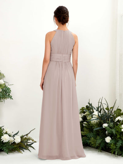 Carlyna Noelle A-Line Taupe Bridesmaid Dress Maxi Sleeveless Round Neck Dress Back View #color_taupe