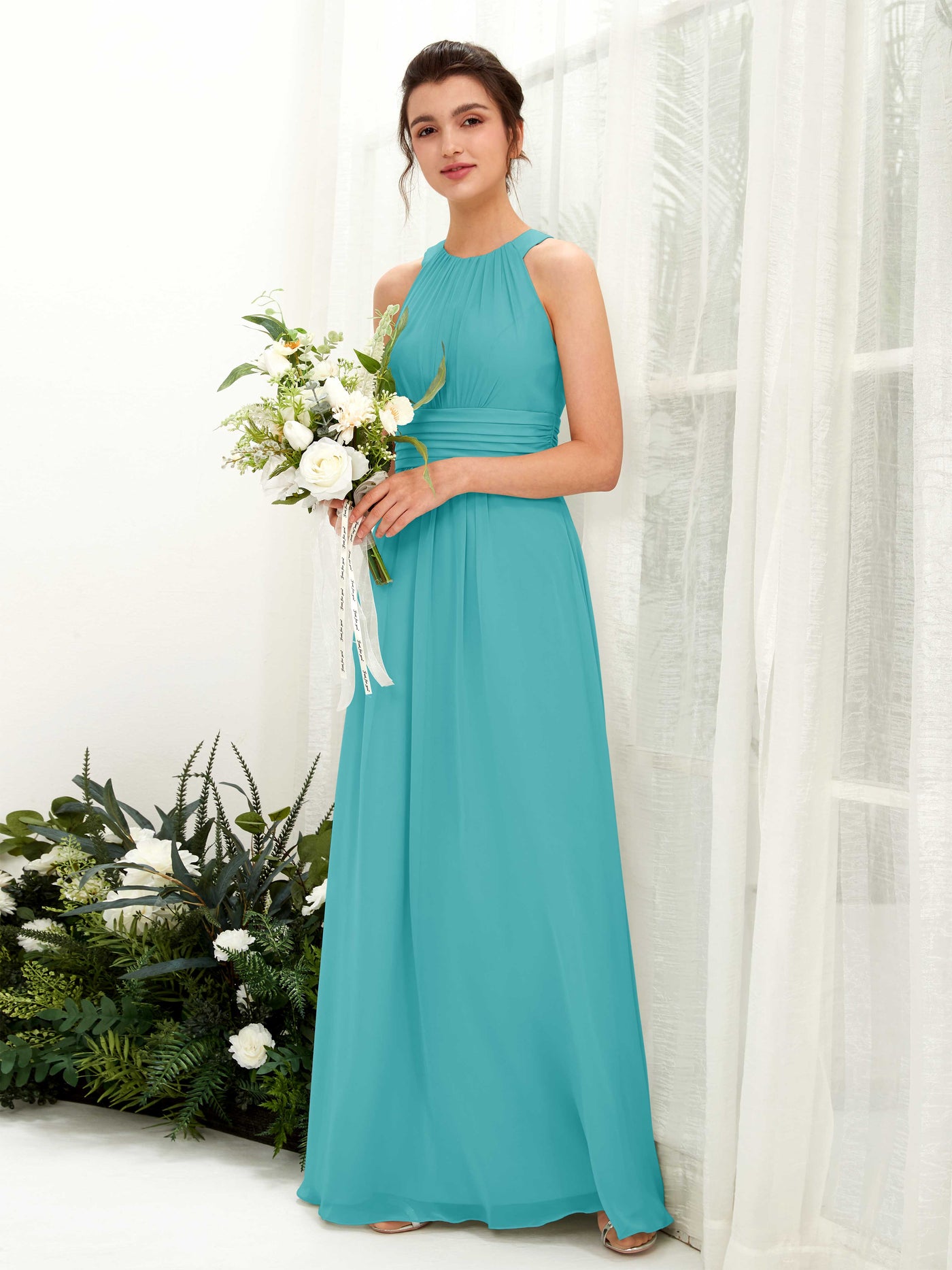 Turquoise Bridesmaid Dresses Bridesmaid Dress A-line Chiffon Halter Full Length Sleeveless Wedding Party Dress (81221523)#color_turquoise