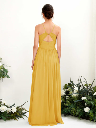 Carlyna Angela A-Line Mustard Yellow Bridesmaid Dress Maxi Sleeveless V-Neck Dress Back View #color_mustard-yellow