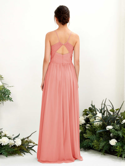 Carlyna Angela A-Line Peach Pink Bridesmaid Dress Maxi Sleeveless V-Neck Dress Back View #color_peach-pink