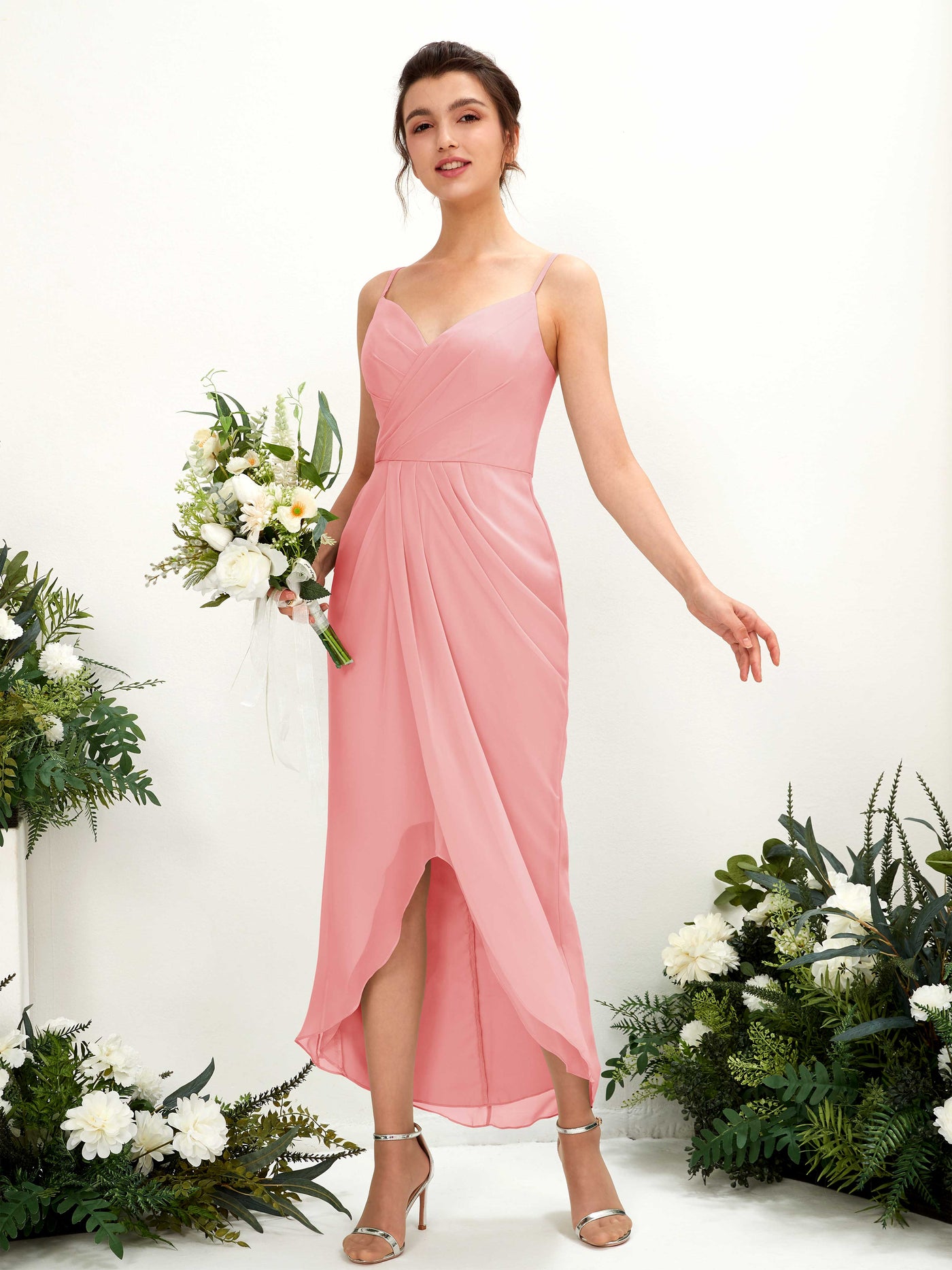 Pearl Pink Chiffon Bridesmaid Dress Sheath Midi V-Neck | Carlyna Pearl Pink Chiffon Bridesmaid Dress Sheath Midi V-Neck | Carlyna