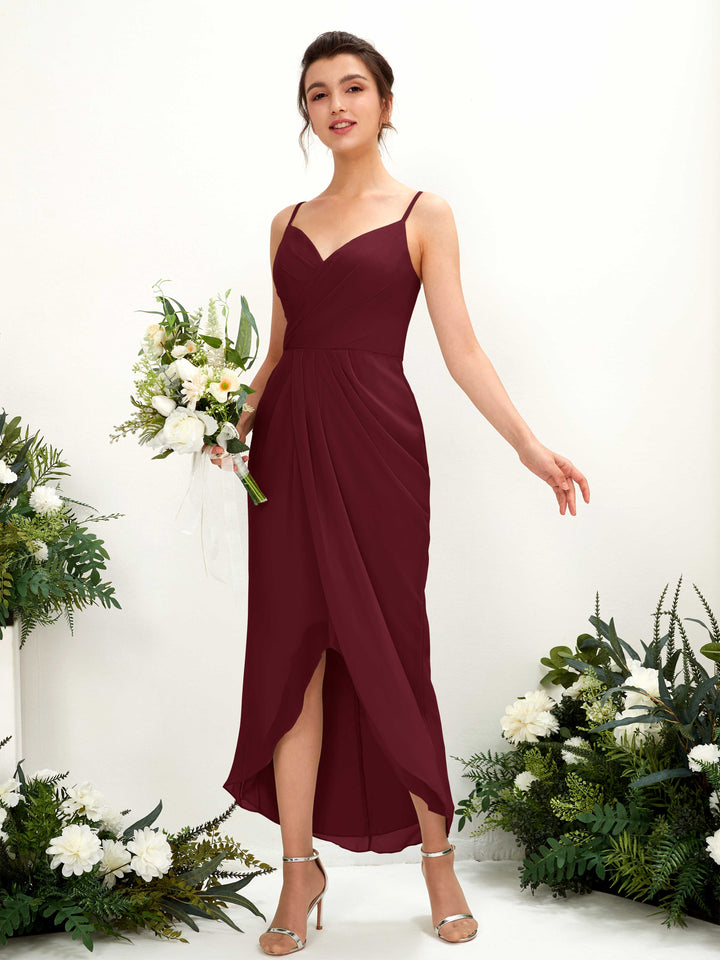 Burgundy Bridesmaid Dresses Bridesmaid Dress Chiffon Spaghetti-straps Tea Length Sleeveless Wedding Party Dress (81221312)