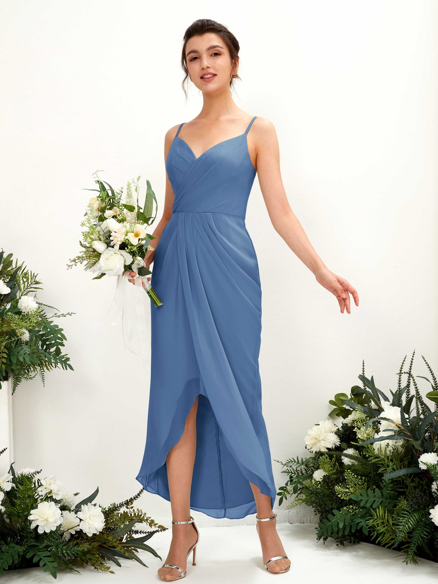 Dusty Blue Bridesmaid Dresses Bridesmaid Dress Chiffon Spaghetti-straps Tea Length Sleeveless Wedding Party Dress (81221310)#color_dusty-blue