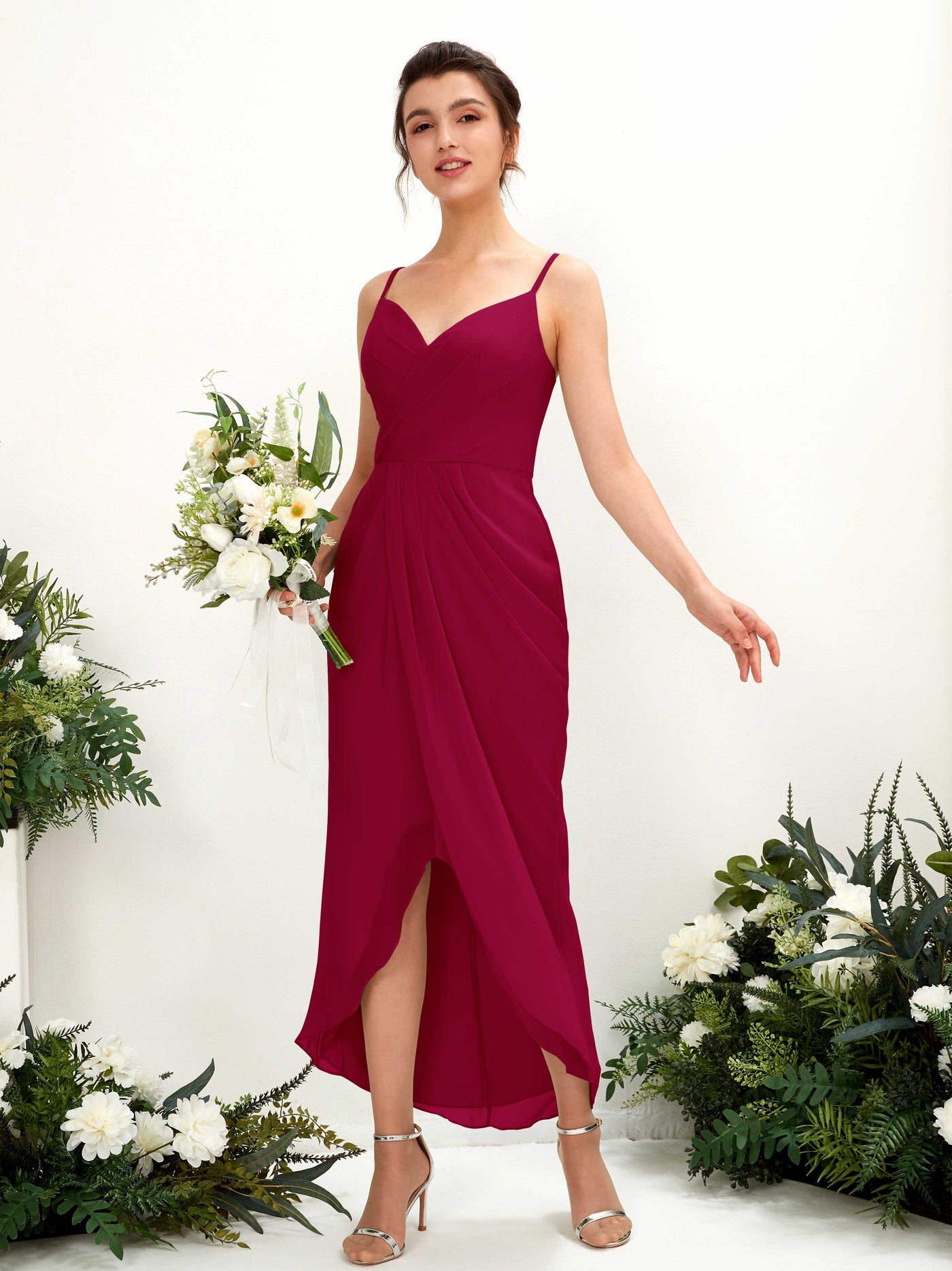 Jester Red Bridesmaid Dresses Bridesmaid Dress Chiffon Spaghetti-straps Tea Length Sleeveless Wedding Party Dress (81221341)#color_jester-red