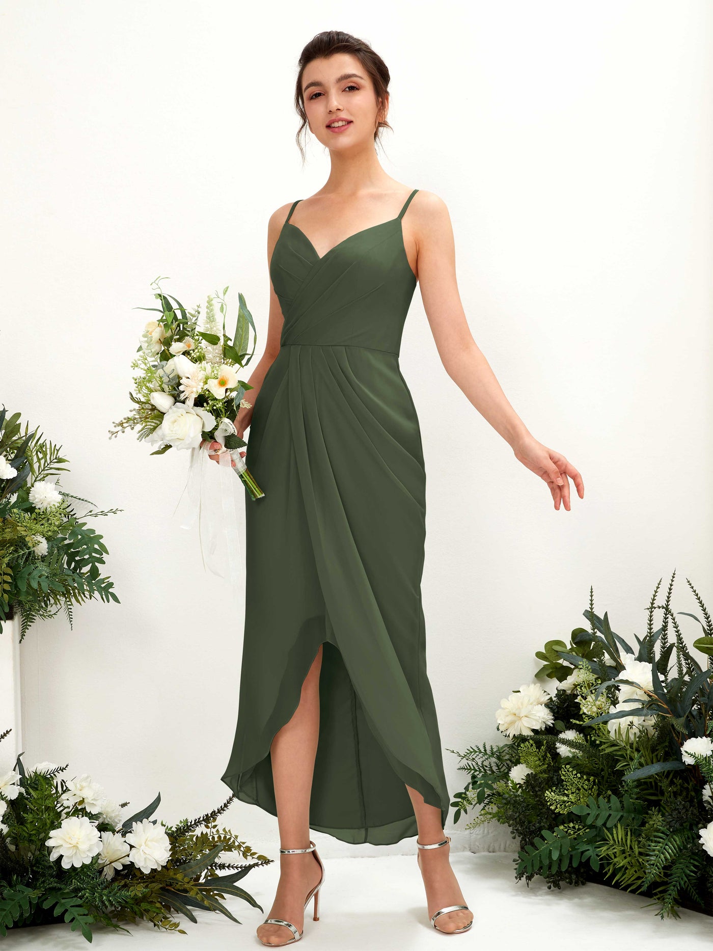 Martini Olive Bridesmaid Dresses Bridesmaid Dress Chiffon Spaghetti-straps Tea Length Sleeveless Wedding Party Dress (81221307)#color_martini-olive
