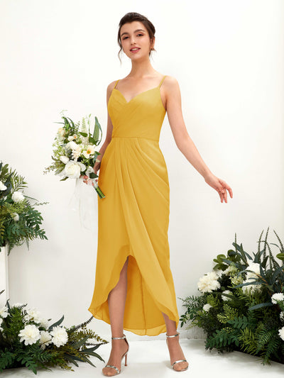 Mustard Yellow Bridesmaid Dresses Bridesmaid Dress Chiffon Spaghetti-straps Tea Length Sleeveless Wedding Party Dress (81221333)#color_mustard-yellow