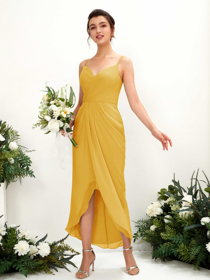 Mustard Yellow Bridesmaid Dresses Bridesmaid Dress Chiffon Spaghetti-straps Tea Length Sleeveless Wedding Party Dress (81221333)