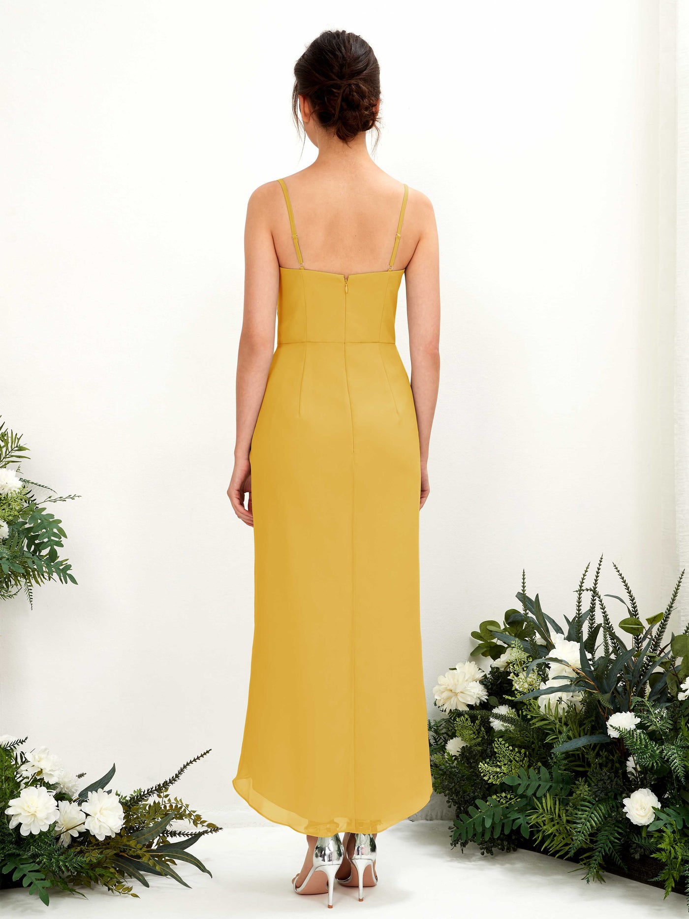 Mustard Yellow Bridesmaid Dresses Bridesmaid Dress Chiffon Spaghetti-straps Tea Length Sleeveless Wedding Party Dress (81221333)#color_mustard-yellow