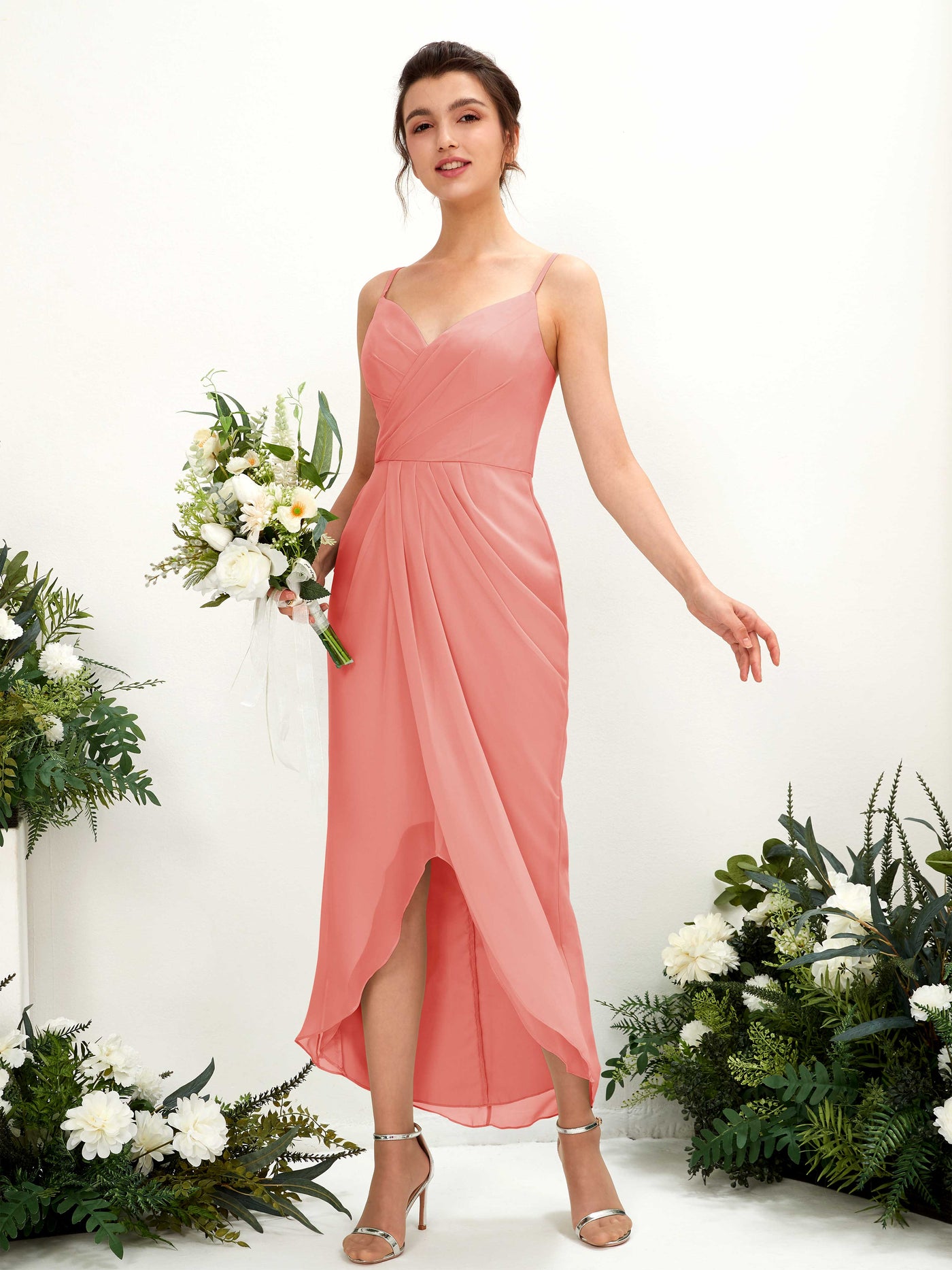 Peach Pink Bridesmaid Dresses Bridesmaid Dress Chiffon Spaghetti-straps Tea Length Sleeveless Wedding Party Dress (81221329)#color_peach-pink