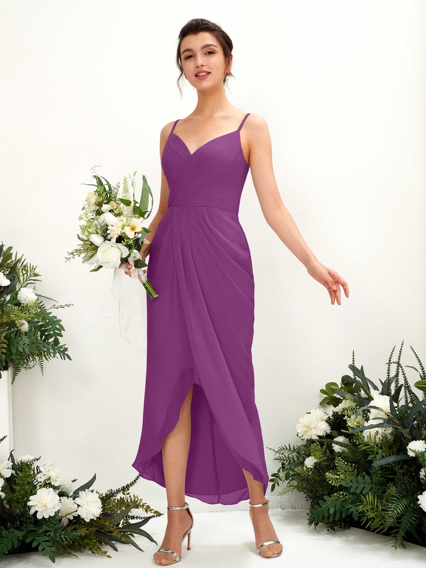 Purple Bridesmaid Dresses Bridesmaid Dress Chiffon Spaghetti-straps Tea Length Sleeveless Wedding Party Dress (81221336)#color_purple
