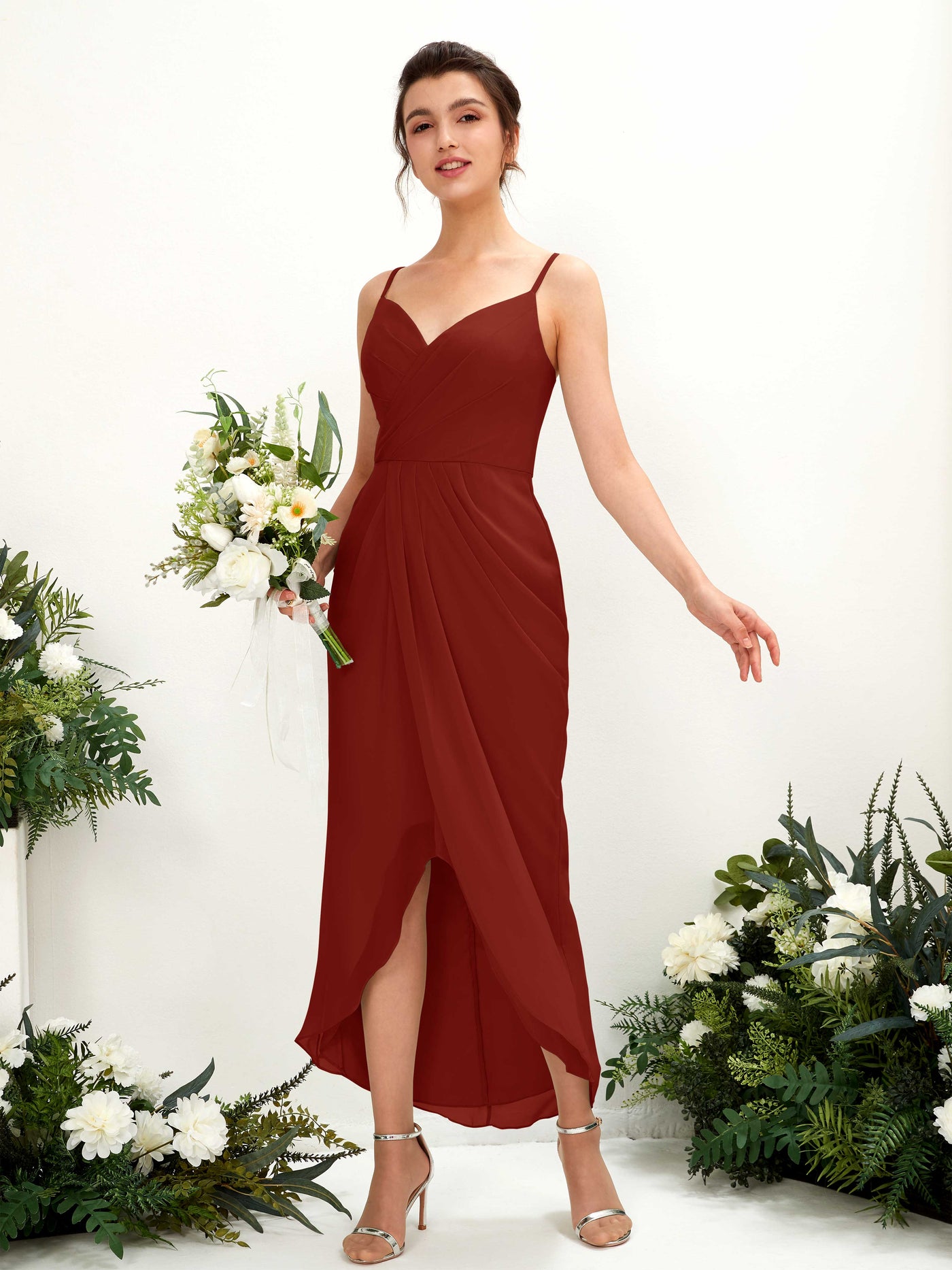 Rust Bridesmaid Dresses Bridesmaid Dress Chiffon Spaghetti-straps Tea Length Sleeveless Wedding Party Dress (81221319)#color_rust