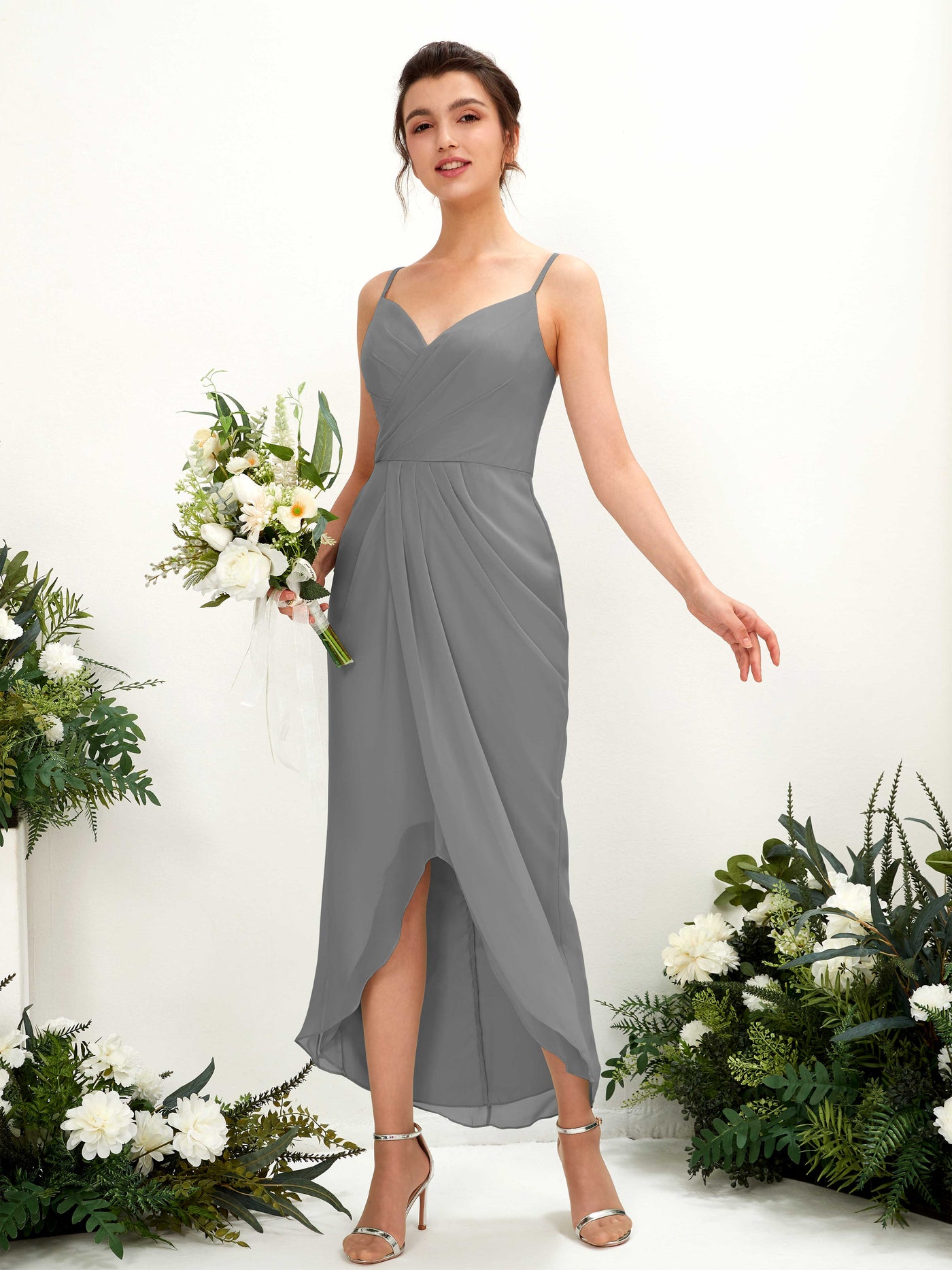 Steel Gray Bridesmaid Dresses Bridesmaid Dress Chiffon Spaghetti-straps Tea Length Sleeveless Wedding Party Dress (81221320)#color_steel-gray