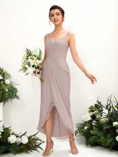 Carlyna Liliane Sheath Taupe Bridesmaid Dress Midi Sleeveless V-Neck Dress Front View #color_taupe