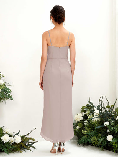 Carlyna Liliane Sheath Taupe Bridesmaid Dress Midi Sleeveless V-Neck Dress Back View #color_taupe