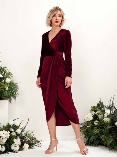Carlyna Jenny Sheath Burgundy Velvet Bridesmaid Dress Midi Long Sleeve V-Neck Side View 2 #color_burgundy