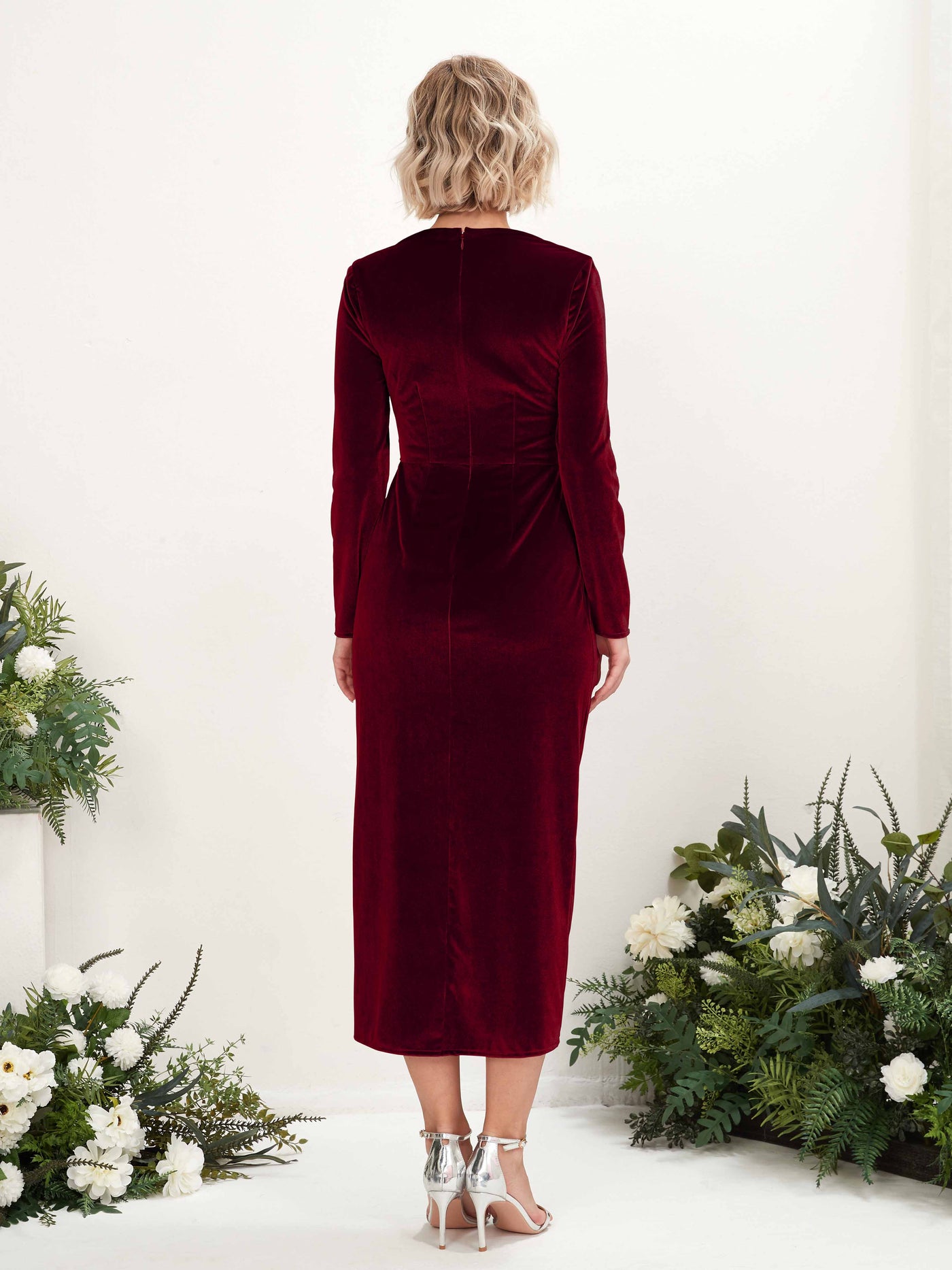 V-neck Long Sleeves Velvet Bridesmaid Dress - Burgundy (80220913)#color_burgundy