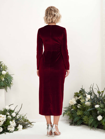 Carlyna Jenny Sheath Burgundy Velvet Bridesmaid Dress Midi Long Sleeve V-Neck Back View #color_burgundy