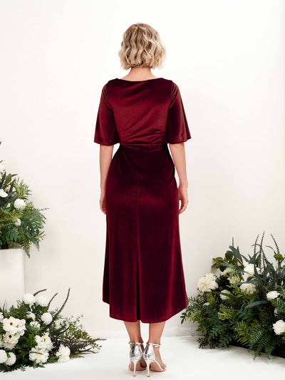 Carlyna Susie Sheath Burgundy Velvet Bridesmaid Dress Midi Half Sleeve V-Neck Dress Back View #color_burgundy