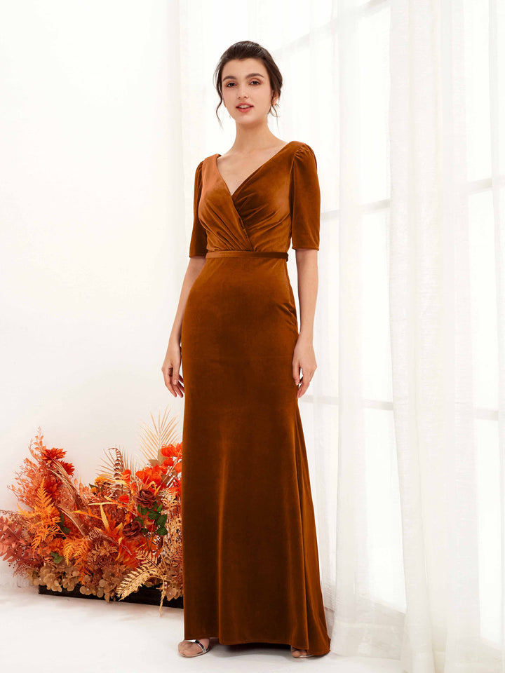 Burnt Orange Velvet Bridesmaid Dress Sheath Maxi V-Neck | Carlyna Burnt Orange Velvet Bridesmaid Dress Sheath Maxi V-Neck | Carlyna