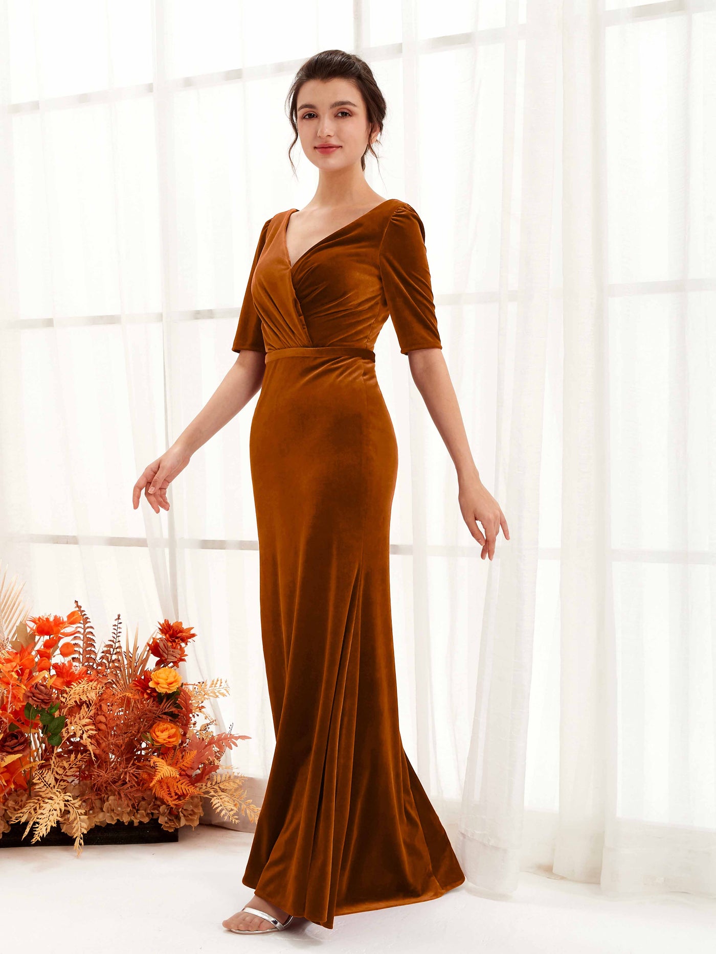 Burant Orange Bridesmaid Dresses Bridesmaid Dress Mermaid/Trumpet Velvet V-neck Full Length 3/4 Sleeves Wedding Party Dress (80220222)#color_burant-orange