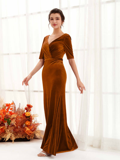Carlyna Flora Sheath Burant Orange Velvet Bridesmaid Dress Maxi Half Sleeve V-Neck Dress Side View 4 #color_burant-orange