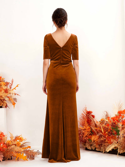 Carlyna Flora Sheath Burant Orange Velvet Bridesmaid Dress Maxi Half Sleeve V-Neck Dress Back View #color_burant-orange
