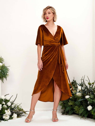 Carlyna Susie Sheath Burant Orange Velvet Bridesmaid Dress Midi Half Sleeve V-Neck Dress Side View 2 #color_burant-orange