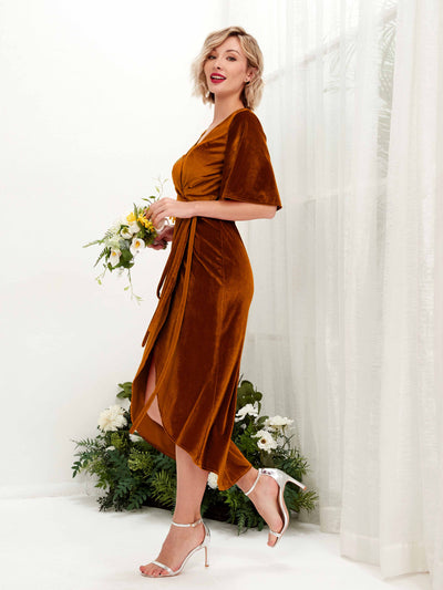 Carlyna Susie Sheath Burant Orange Velvet Bridesmaid Dress Midi Half Sleeve V-Neck Dress Side View 4 #color_burant-orange