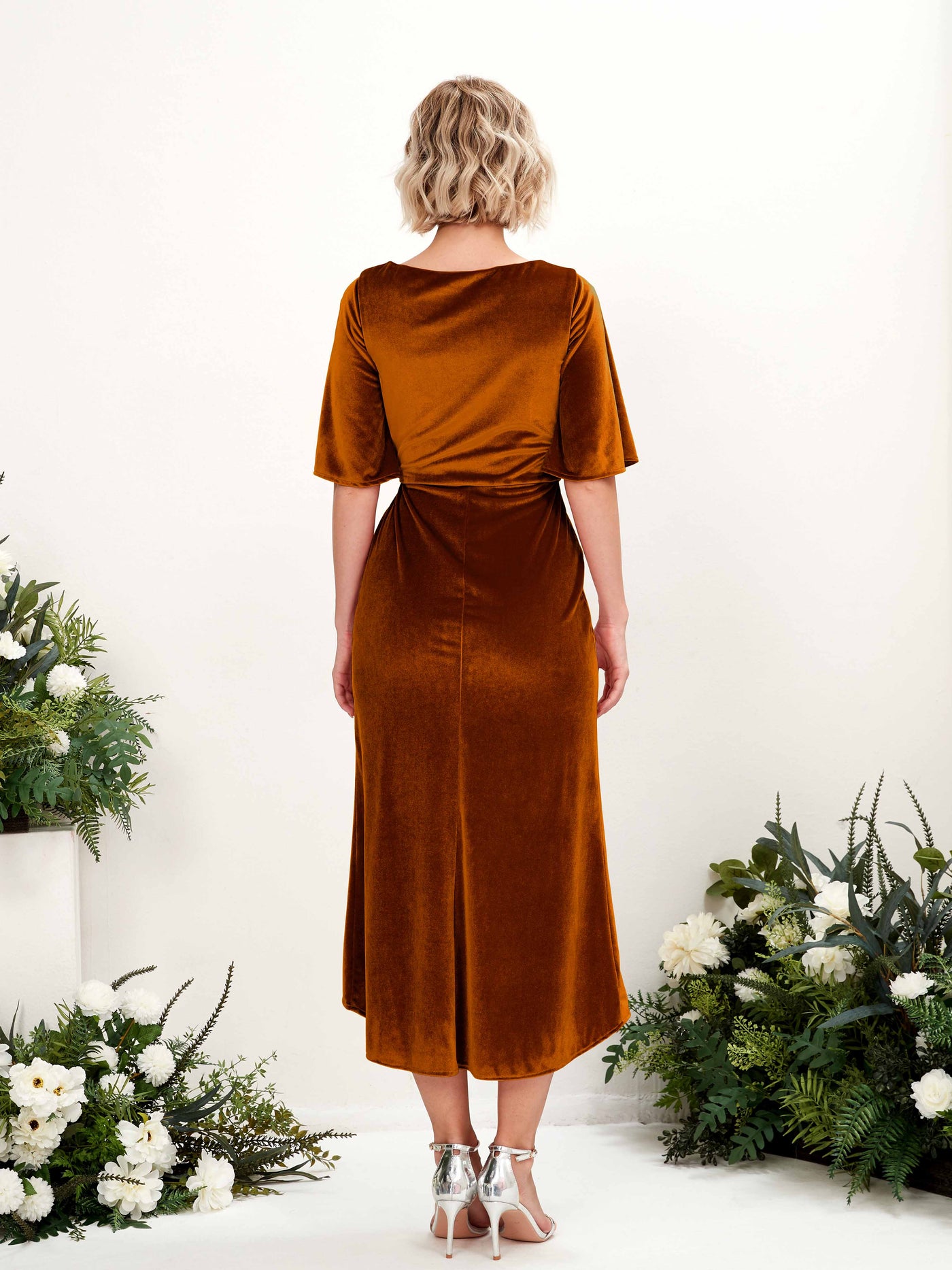 V-neck 3/4 Sleeves Velvet Bridesmaid Dress - Burant Orange (80222322)#color_burant-orange