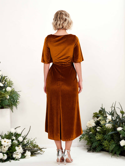 Carlyna Susie Sheath Burant Orange Velvet Bridesmaid Dress Midi Half Sleeve V-Neck Dress Back View #color_burant-orange