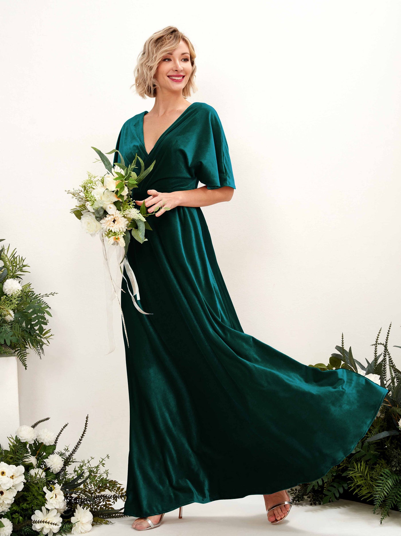 Hunter Green Velvet Bridesmaid Dress A-Line Maxi Short Sleeve V-Neck | Carlyna Hunter Green Velvet Bridesmaid Dress A-Line Maxi Short Sleeve V-Neck | Carlyna