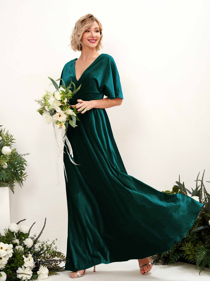 Hunter Green Velvet Bridesmaid Dress A-Line Maxi Short Sleeve V-Neck | Carlyna Hunter Green Velvet Bridesmaid Dress A-Line Maxi Short Sleeve V-Neck | Carlyna