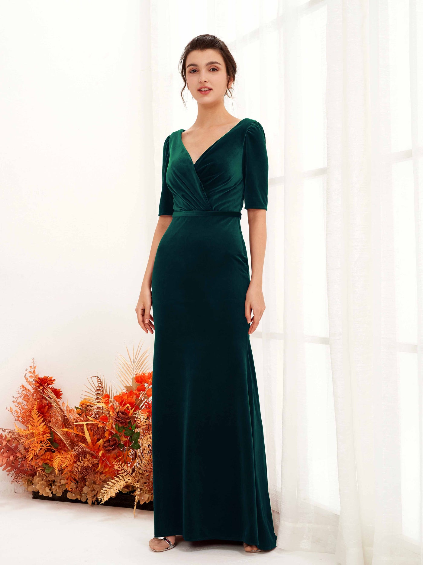 Hunter Green Velvet V-Neck Bridesmaid Dress Sheath Floor-Length