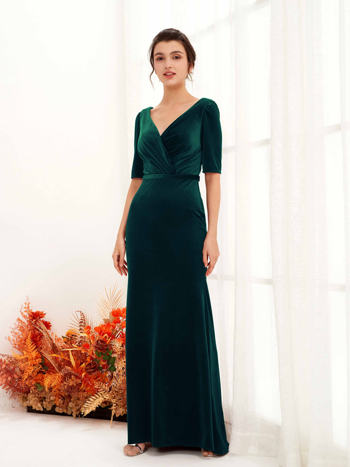 Hunter Green Velvet V-Neck Bridesmaid Dress Sheath Floor-Length | Carlyna Hunter Green Velvet V-Neck Bridesmaid Dress Sheath Floor-Length | Carlyna