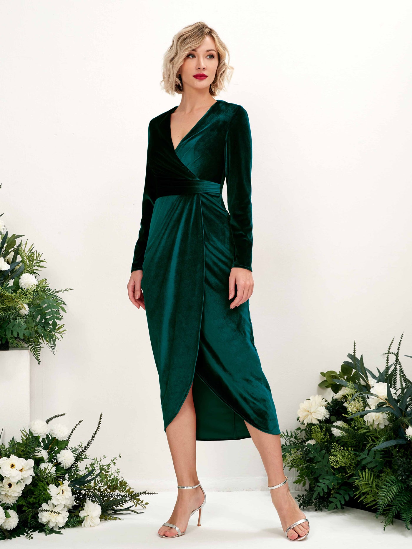 V-neck Long Sleeves Velvet Bridesmaid Dress - Hunter Green (80220927)#color_hunter-green