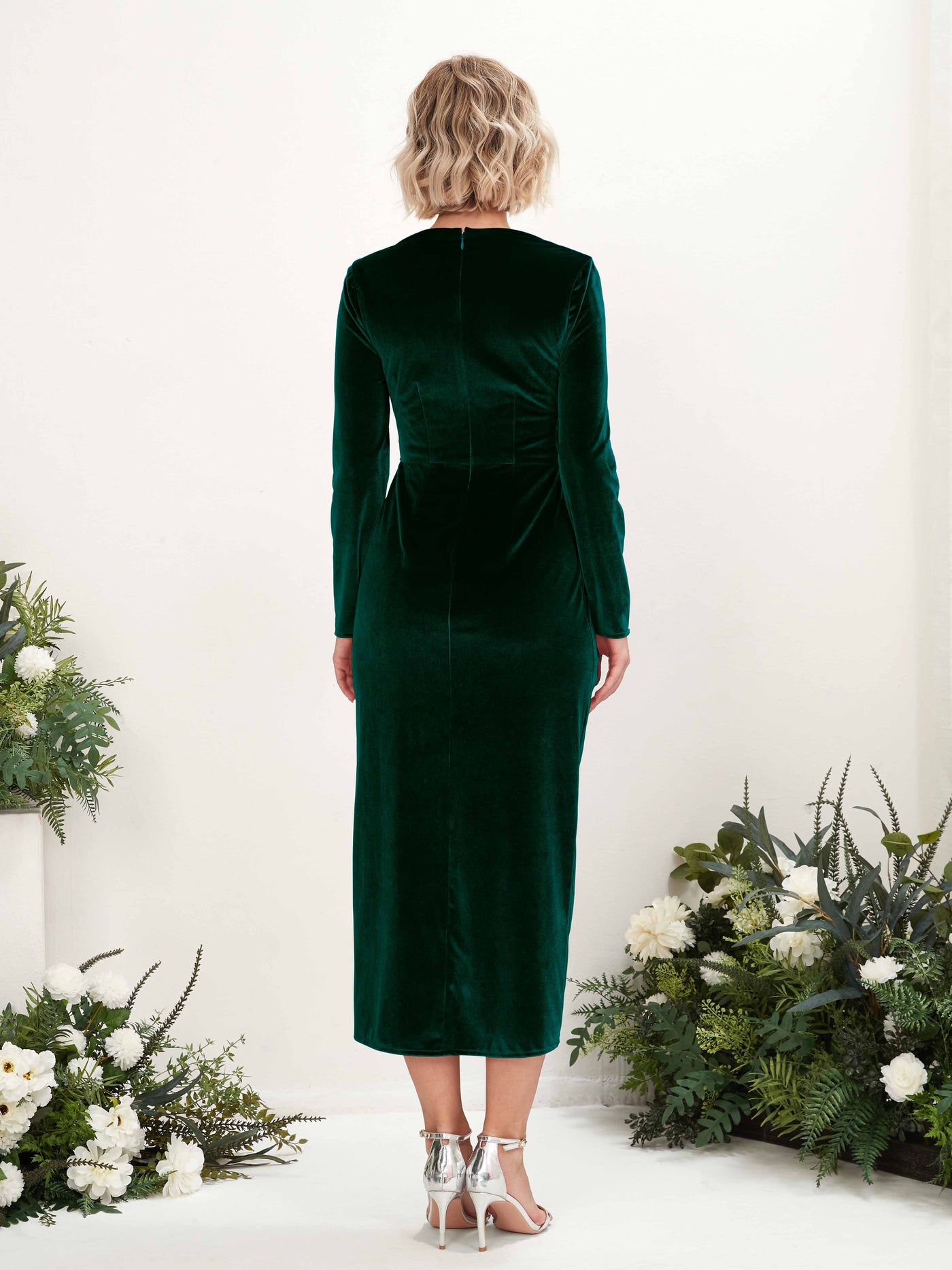 V-neck Long Sleeves Velvet Bridesmaid Dress - Hunter Green (80220927)#color_hunter-green