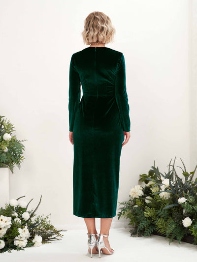 Carlyna Jenny Sheath Hunter Green Velvet Bridesmaid Dress Midi Long Sleeve V-Neck Back View #color_hunter-green
