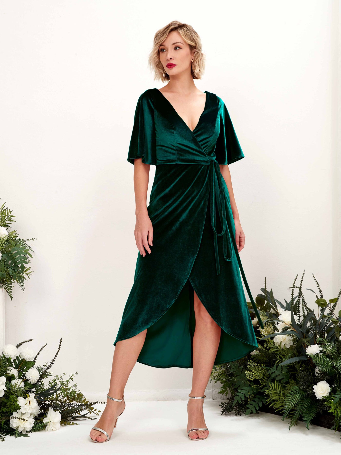 V-neck 3/4 Sleeves Velvet Bridesmaid Dress - Hunter Green (80222327)#color_hunter-green