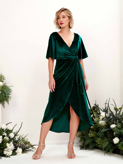 Carlyna Susie Sheath Hunter Green Velvet Bridesmaid Dress Midi Half Sleeve V-Neck Dress Side View 2 #color_hunter-green