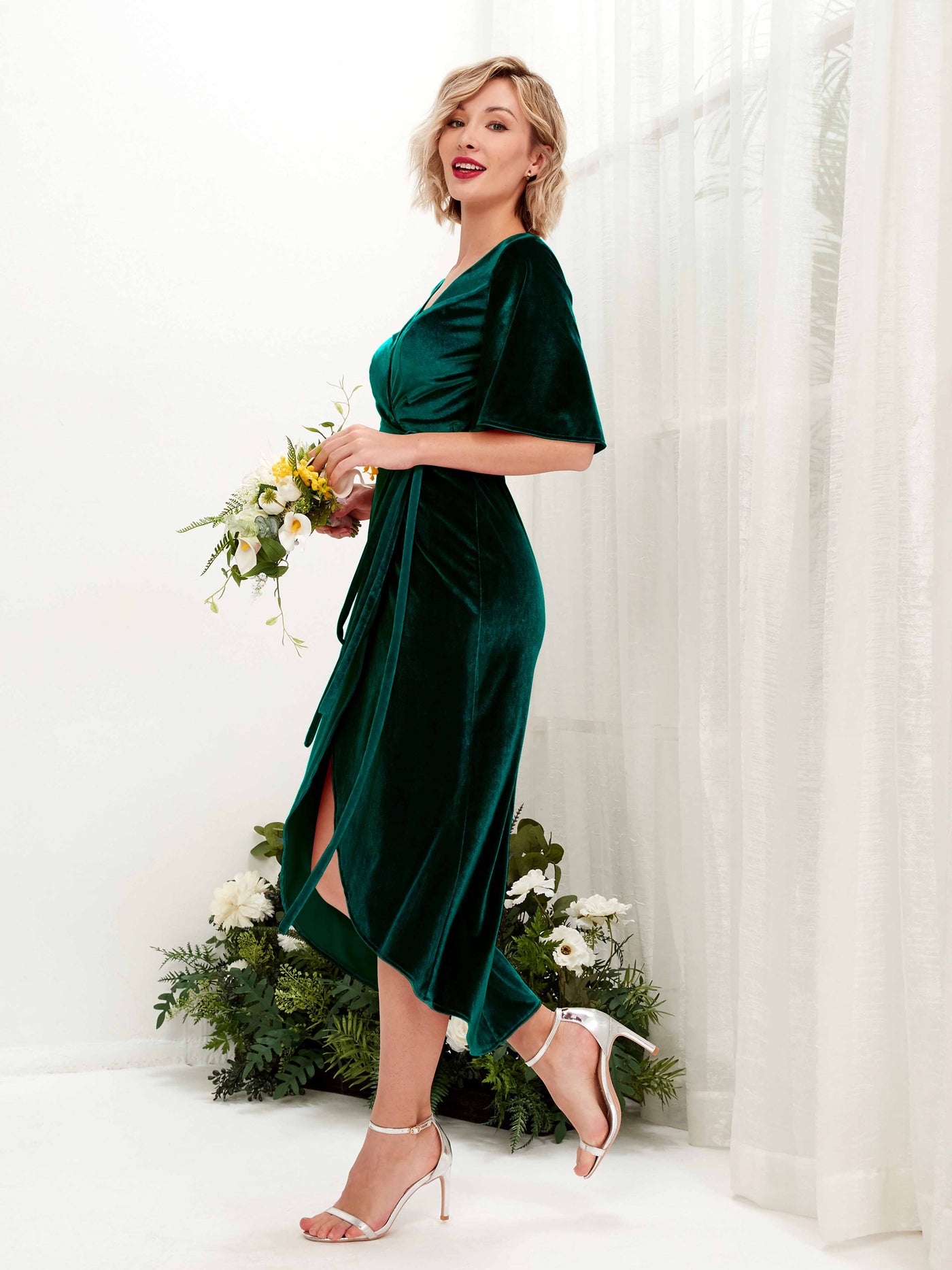 V-neck 3/4 Sleeves Velvet Bridesmaid Dress - Hunter Green (80222327)#color_hunter-green